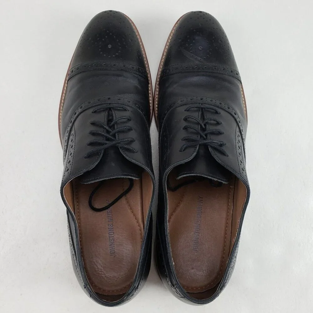 Johnston Murphy Conard Leather Oxford Mens 13 Black Brogue Cap Toe Dress Shoe